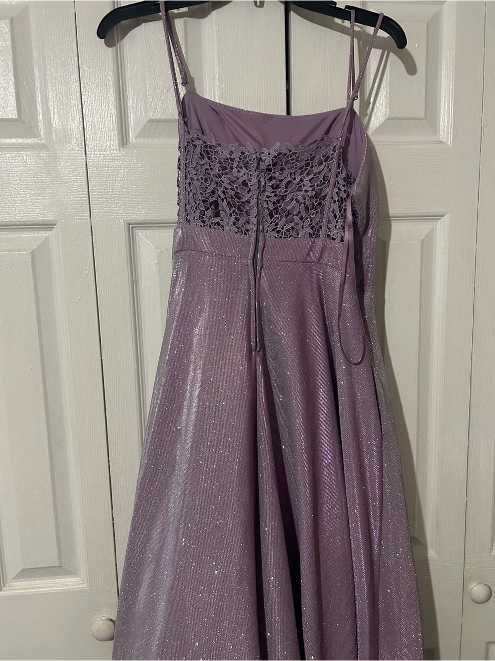 City Studio Lavender Glitter Lace Bodice Spaghetti Strap Prom Dress